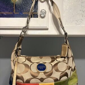 Coach Beige and Multicolor Signature Shoulder Bag